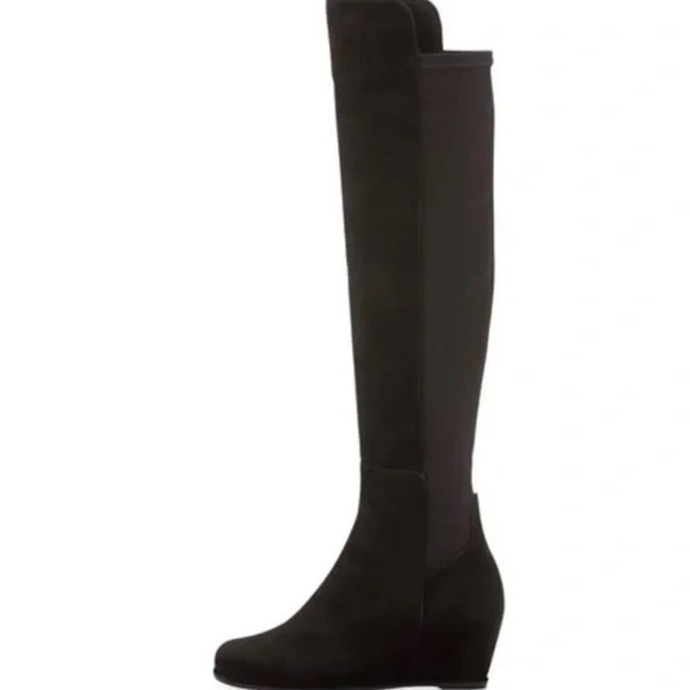 Stuart Weitzman Semi Boot Tall Stretch Back Suede Wedge Round Black OTK 5